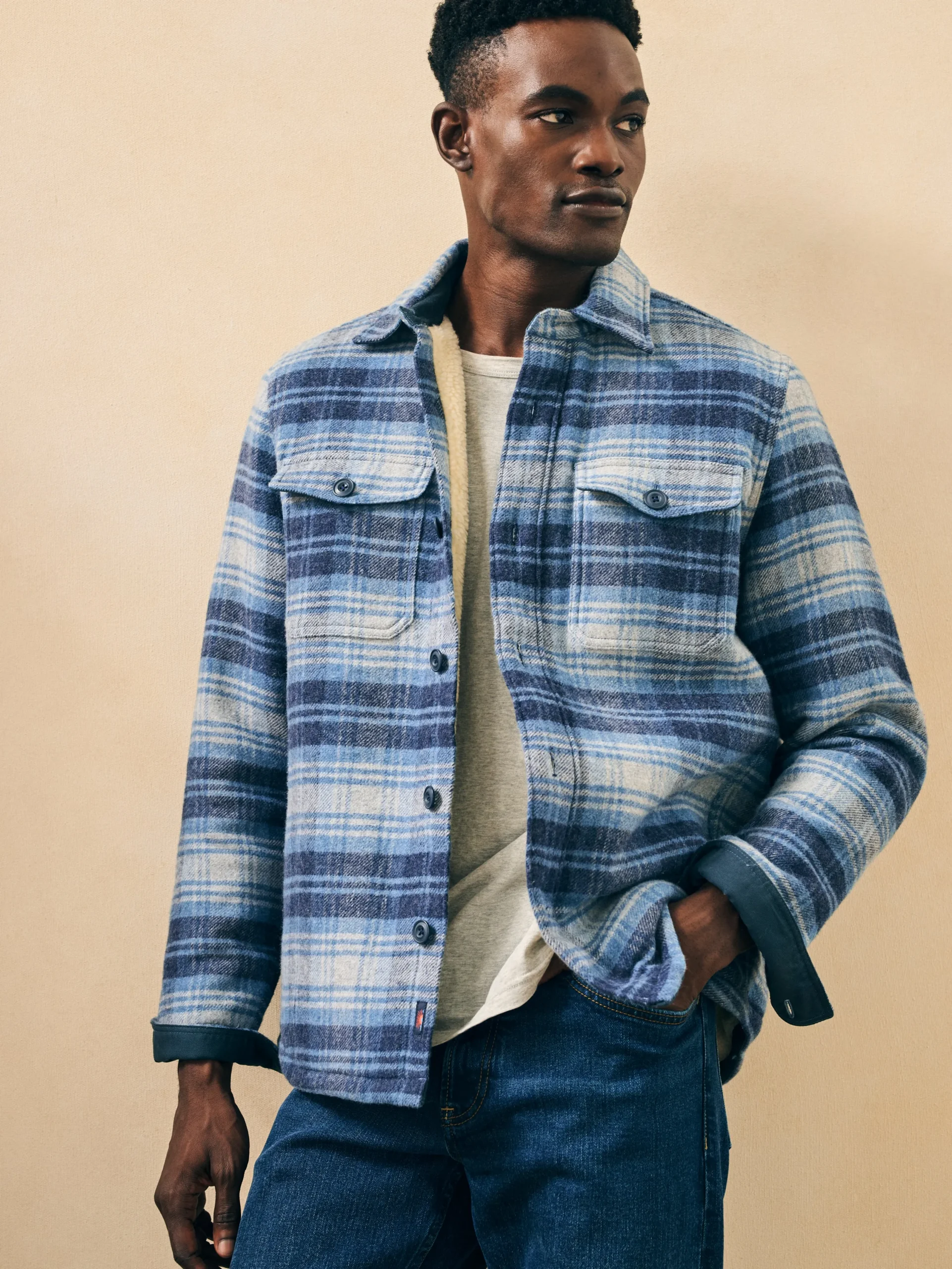 Jackets & Vests^Faherty Brand High Pile Fleece Lined Wool CPO - Mountain Mist Plaid
