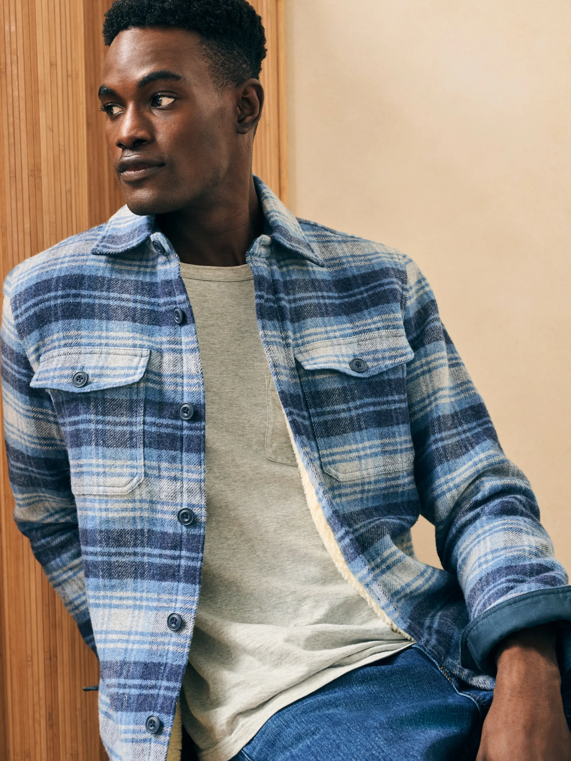 Jackets & Vests^Faherty Brand High Pile Fleece Lined Wool CPO - Mountain Mist Plaid