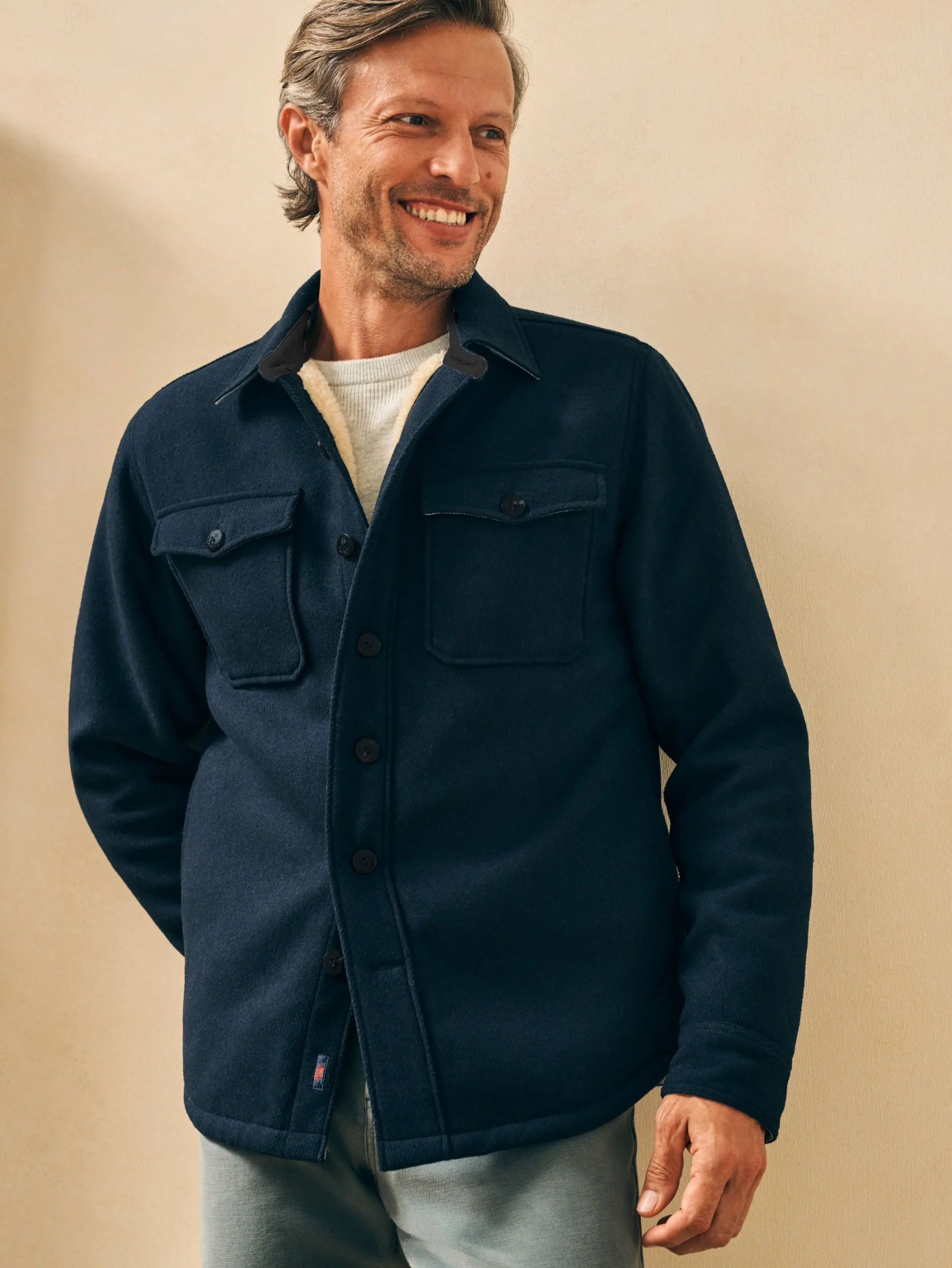 Jackets & Vests^Faherty Brand High Pile Fleece Lined Wool CPO - Navy Shadow Twill