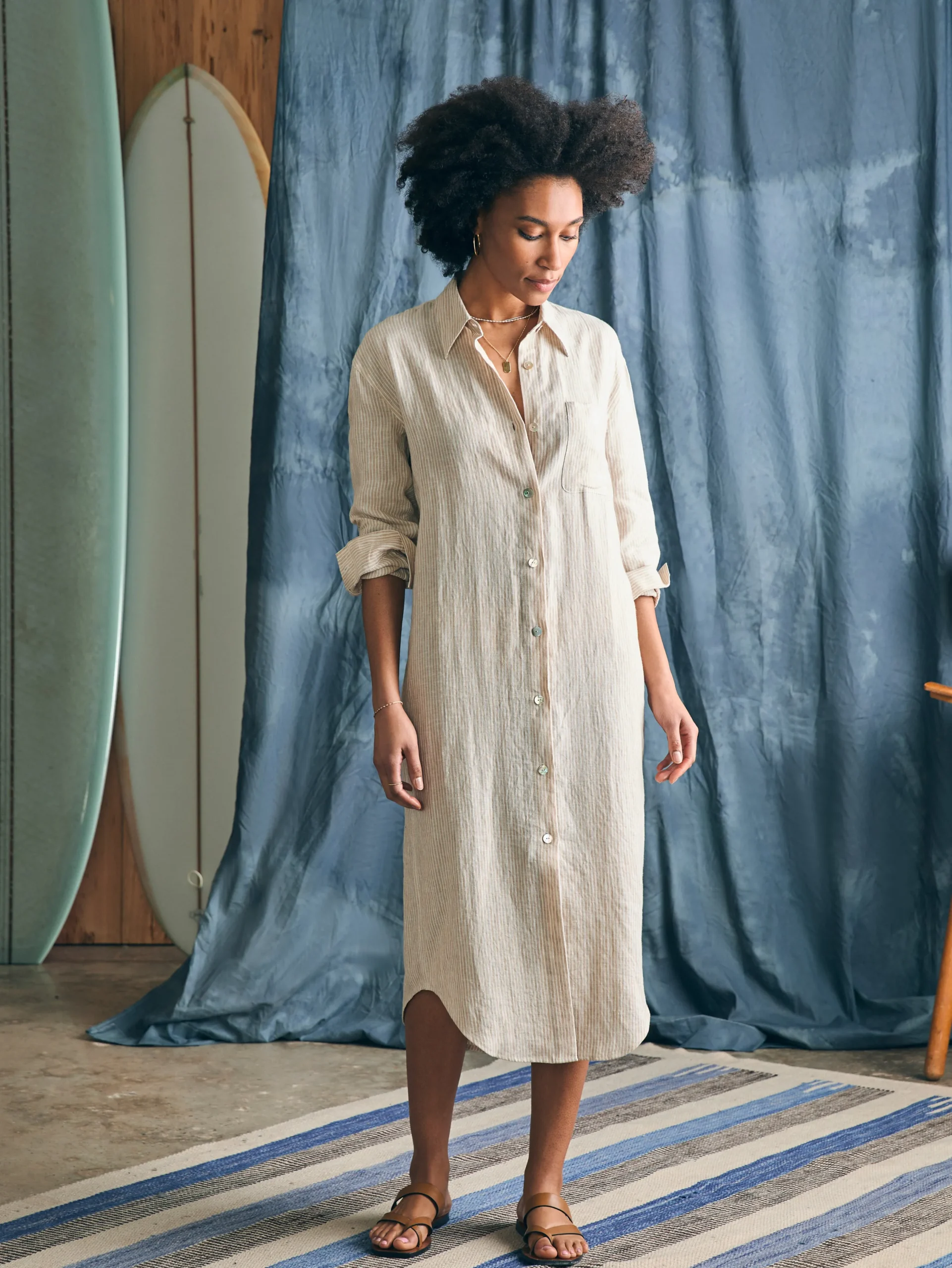 Dresses^Faherty Brand Laguna Linen Midi Dress - Golden Sun Stripe
