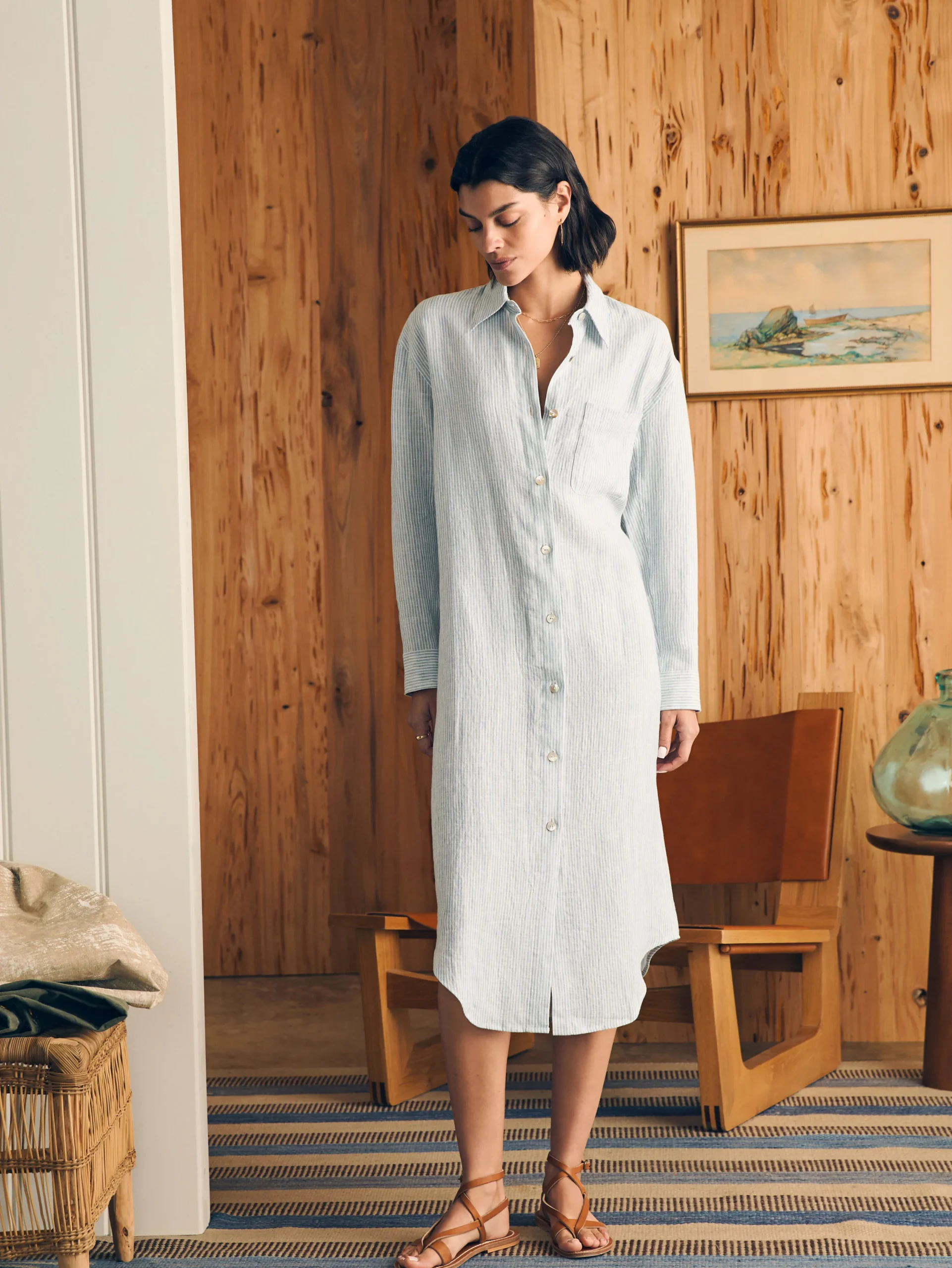 Dresses^Faherty Brand Laguna Linen Midi Dress - Ocean View Stripe