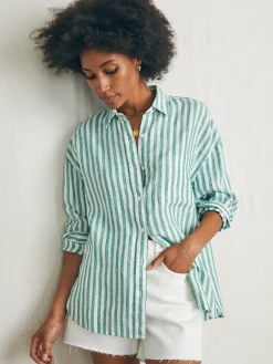 Shirts & Tops^Faherty Brand Laguna Linen Relaxed Shirt - Bottle Green Lucy Stripe