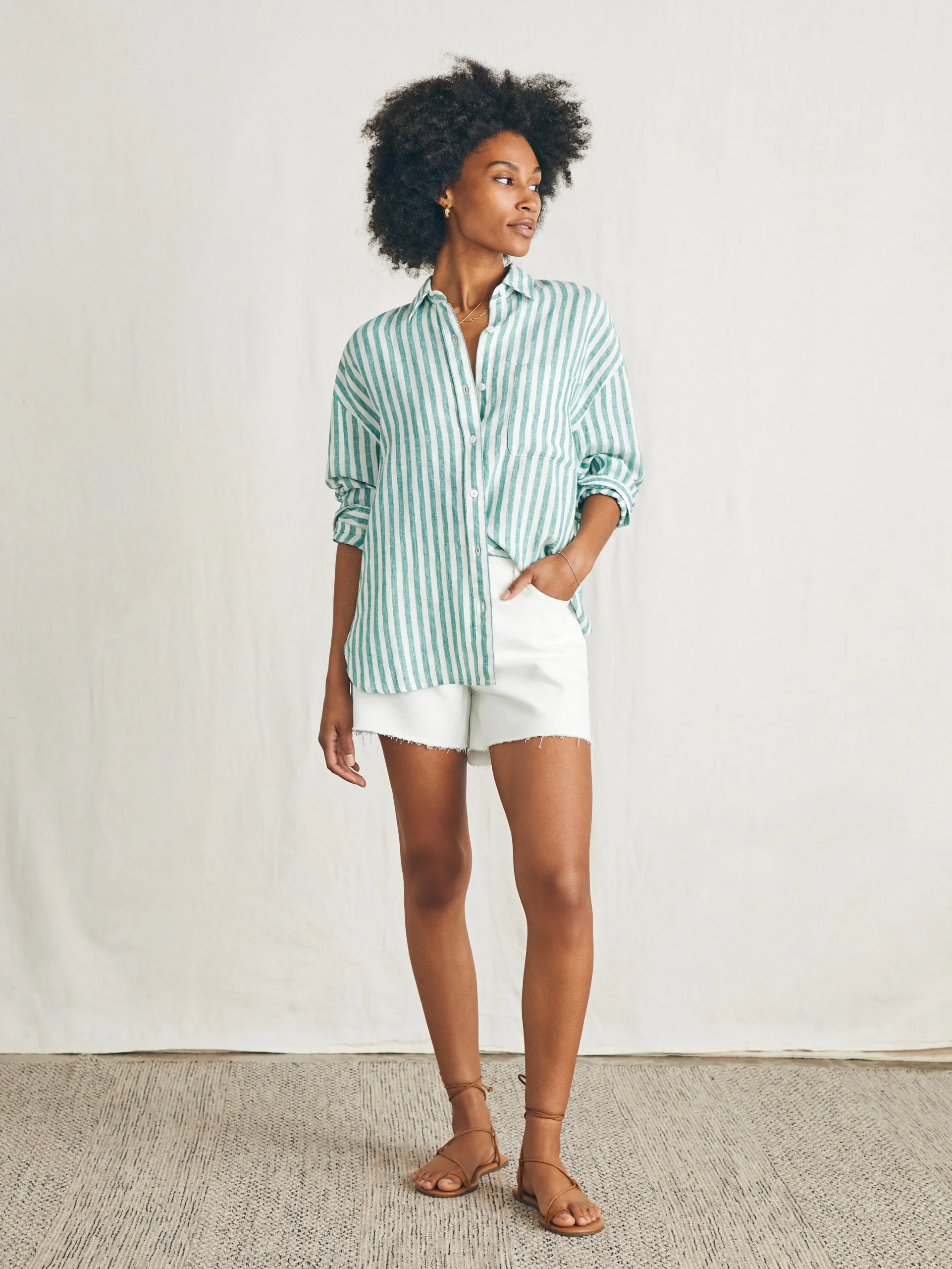 Shirts & Tops^Faherty Brand Laguna Linen Relaxed Shirt - Bottle Green Lucy Stripe