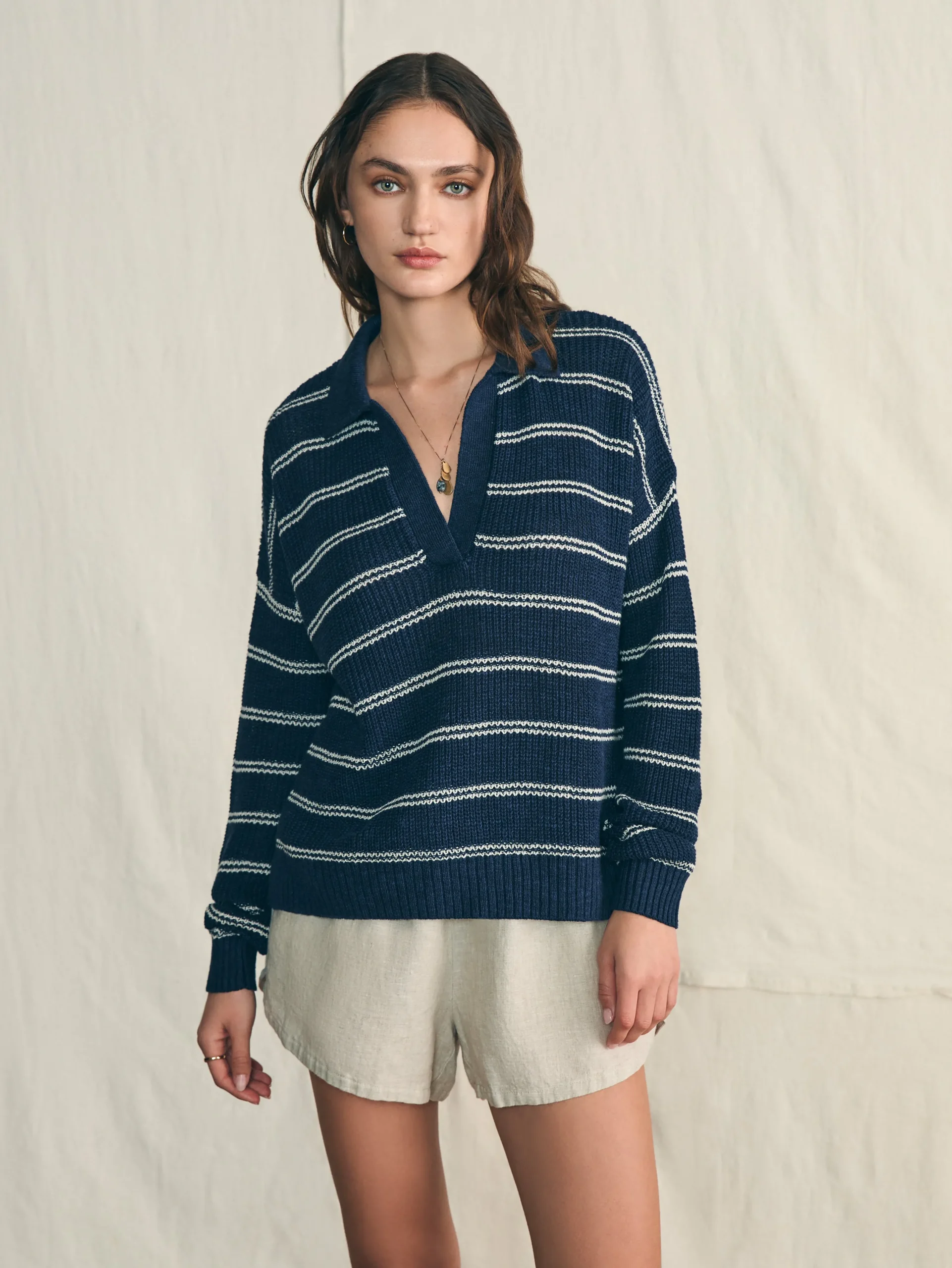 Sweaters^Faherty Brand Miramar Linen Polo - Navy Mystic Stripe