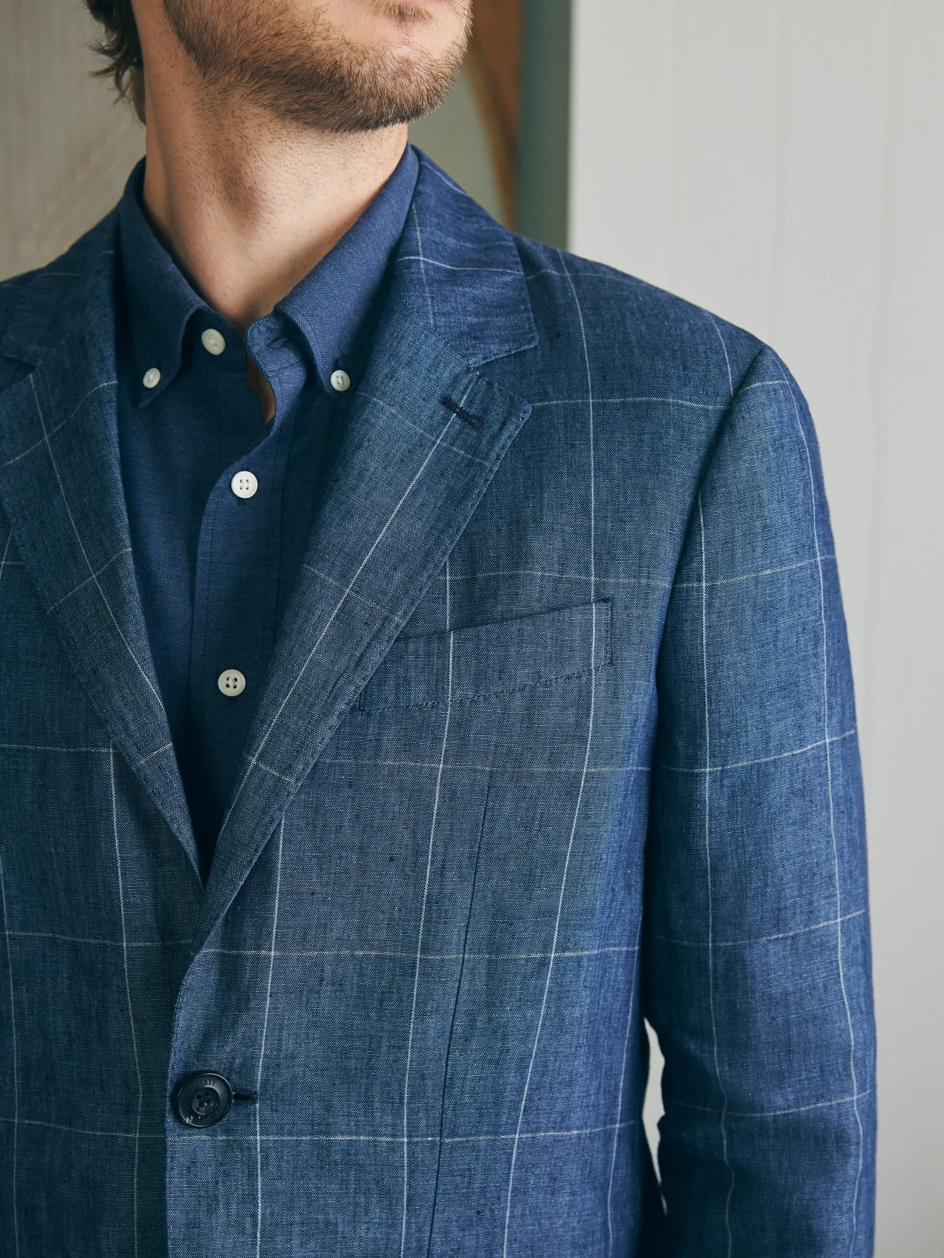 Blazers^Faherty Brand Reserve Linen Windowpane Blazer - Blue Steel Plaid
