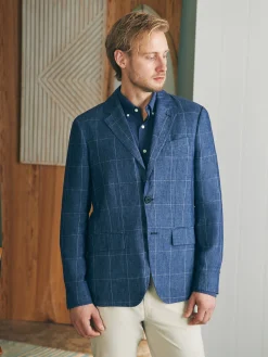 Blazers^Faherty Brand Reserve Linen Windowpane Blazer - Blue Steel Plaid