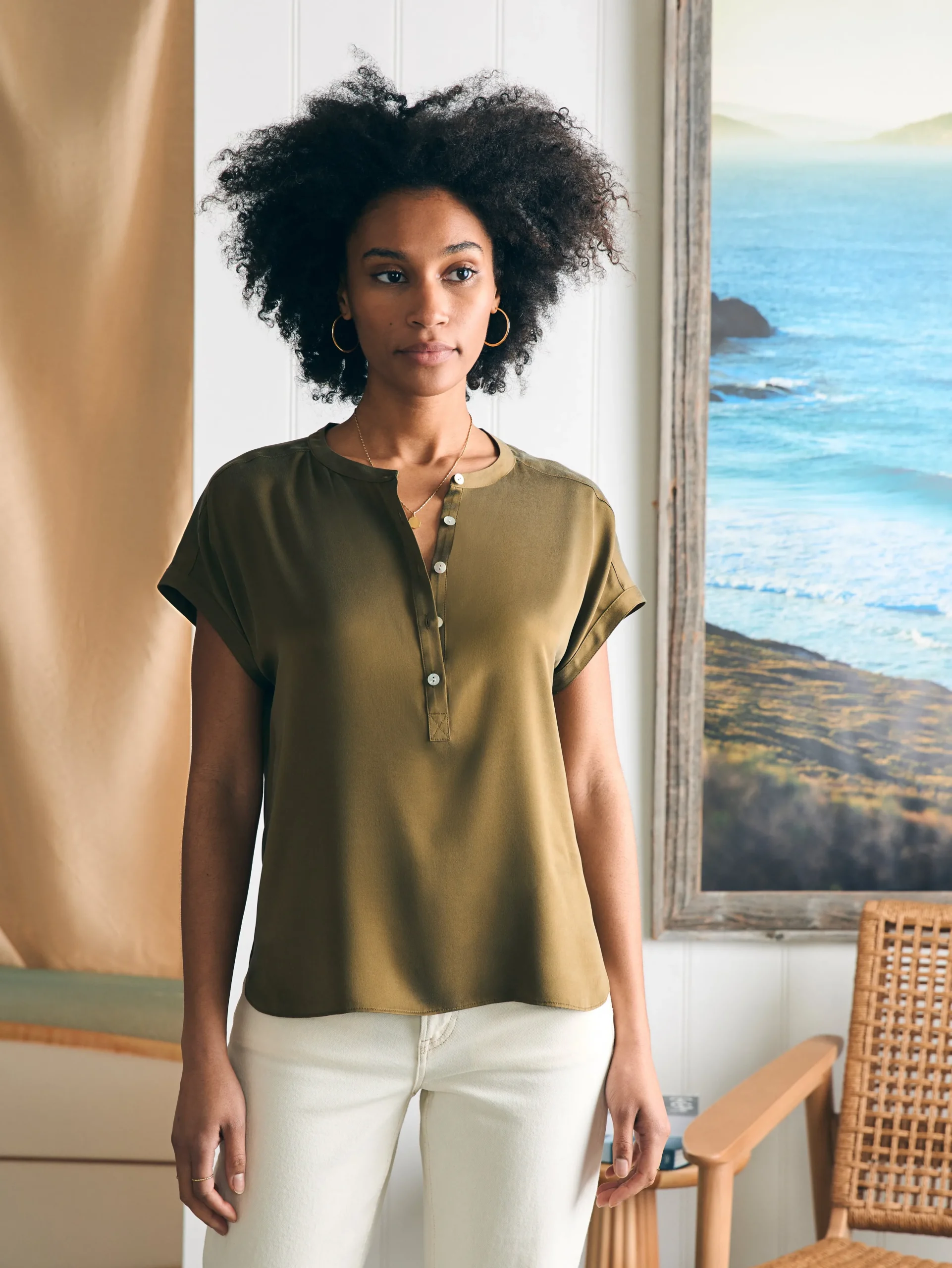 Shirts & Tops^Faherty Brand Sandwashed Silk Desmond Top - Military Olive