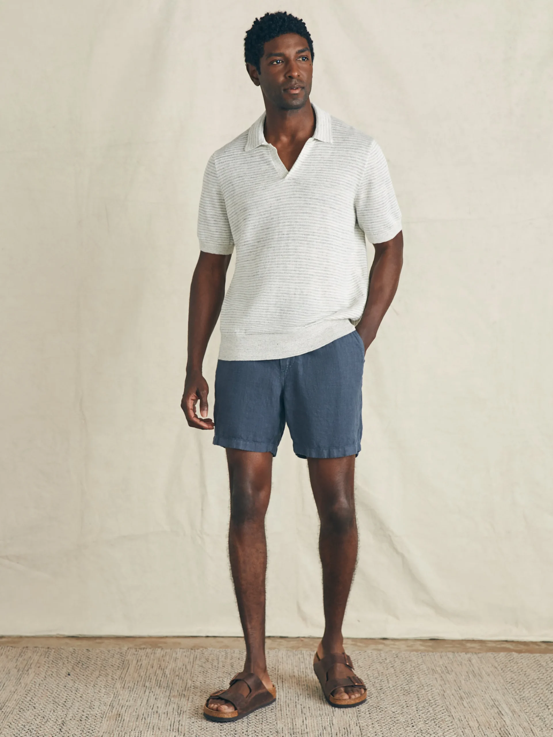 Sweaters^Faherty Brand Short-Sleeve Linen Sweater Polo - Ivory Steel Feeder