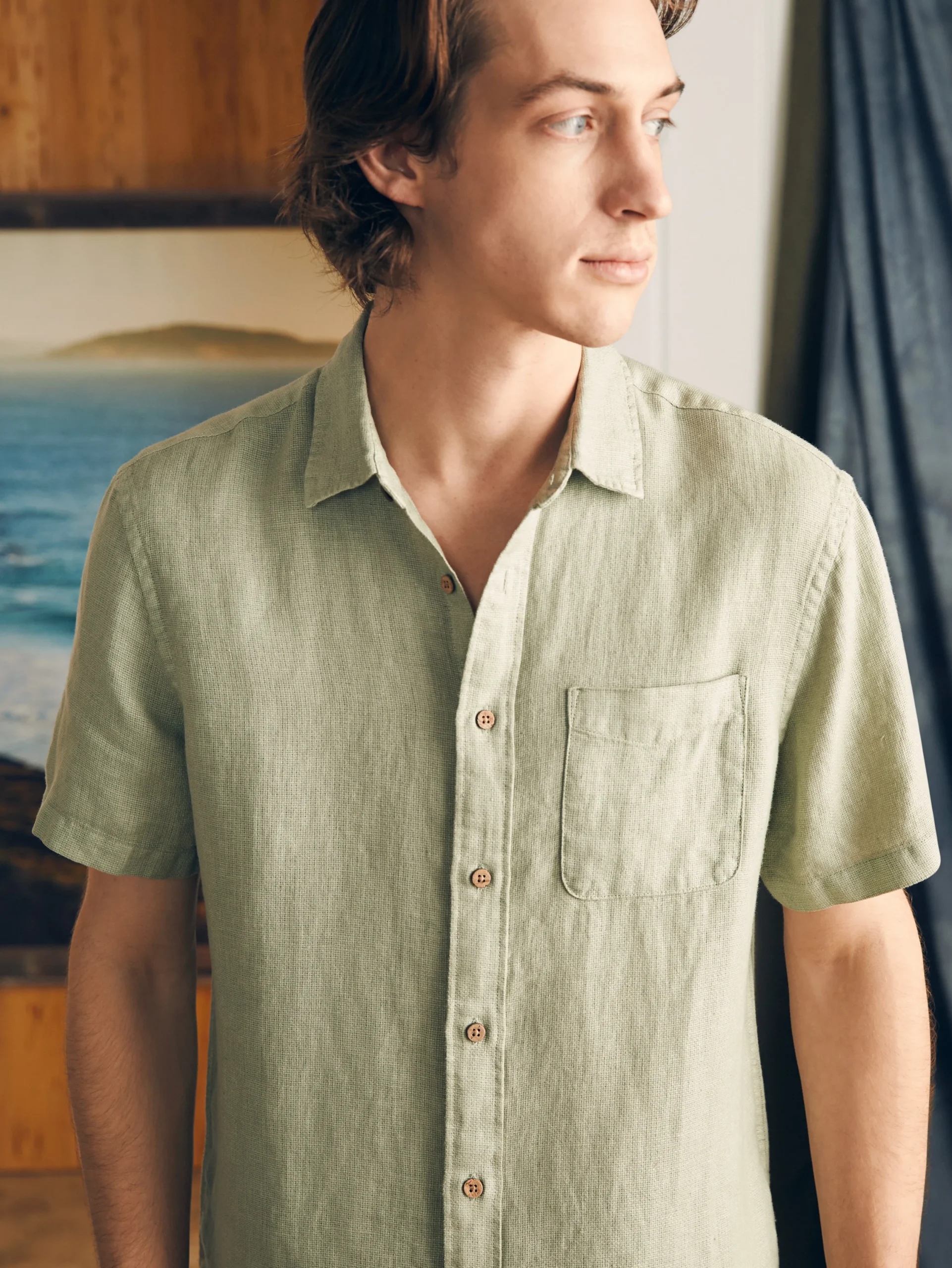 Shirts^Faherty Brand Short-Sleeve Palma Linen Shirt - Canyon Olive Basketweave