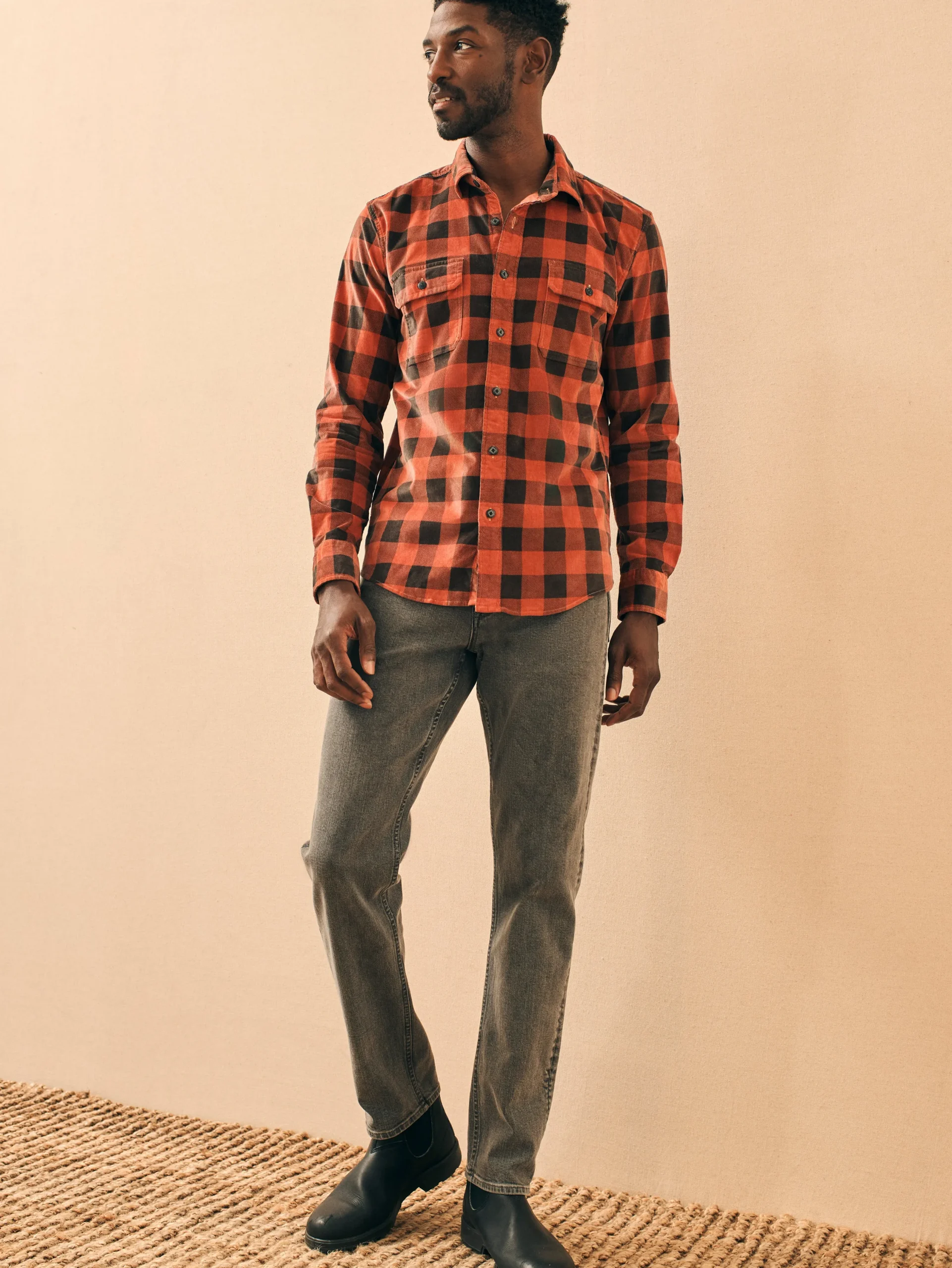 Shirts^Faherty Brand Stretch Corduroy Work Shirt - Cherry Charcoal Buffalo